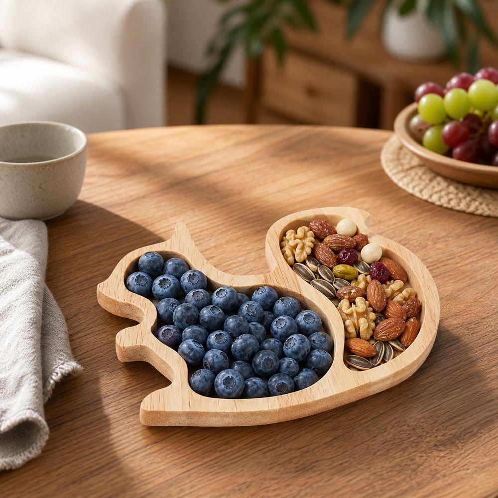 Wood Squirrel Wooden Snack Tray Squirrel Fruit Shape Double Dish Holder Home Decor