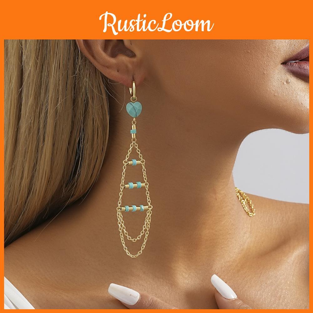 Gold Elegant Natural Stone Earrings With Trendy Fringe And Detail Chain