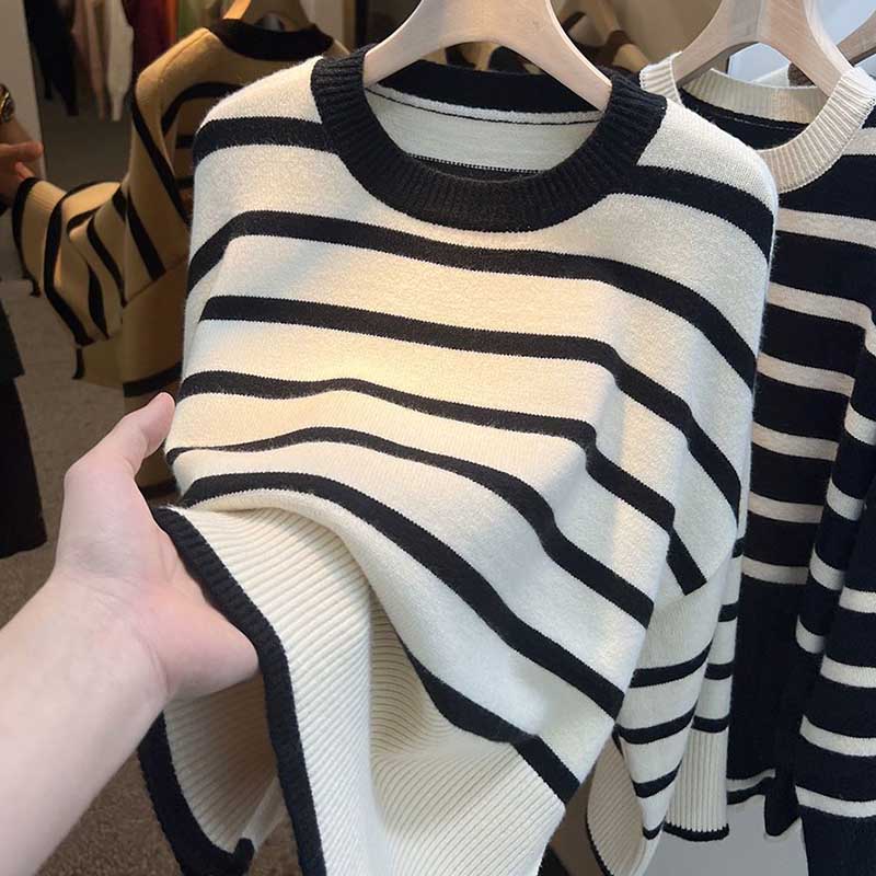 Sweater Pullovers Tops Women Long Sleeves Contrast Stripes Autumn Winter Oversized  Loose Long Sleeve Pullover Tops