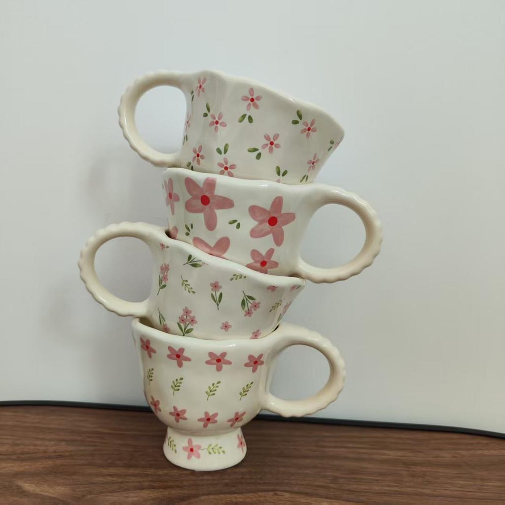 2pc,Floral pattern,Hand-kneaded,Flower,Fresh and elegant,Mug,Coffee cup,Goblet,French-style,Underglaze color,Hua Hua
