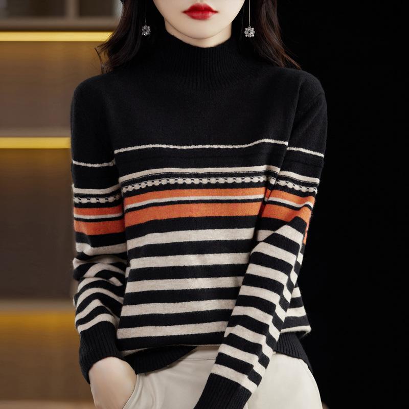 

INDFS Женские модные повседневные осенне-зимние свитера с длинным рукавом и полувысоким воротником в полоску XXL чёрный