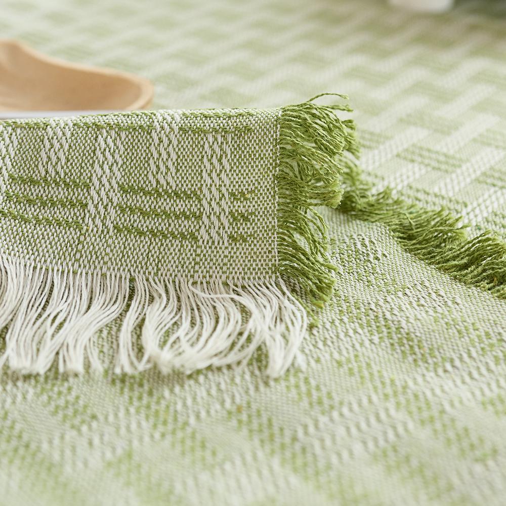 Green Cross Texture Cotton Linen Tablecloth Square Tablecloth Burlap Table Covers with Tassel for Kitchen Dinning Picnic Wedding