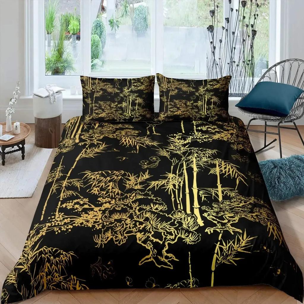 Bamboo Duvet Cover Set Bamboo Branches Bedding Set Tree Print Comforter Cover Luxury Retro Floral Style Quilt Cover Queen Size
