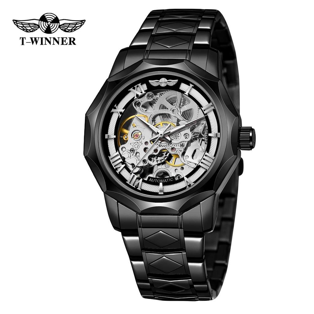 WINNER Men's Skeleton Automatic Mechanical Watches Polygonal Hollow Bottom Self Winding Wristwatch Stainless Steel Waterproof Luminous Watches for Men