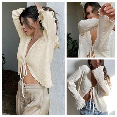 Women Pleated Plain Shirts Spring Fall Chic Long Flare Sleeve V- Neck Tie Up Cardigans Tops for Casual Party Street
