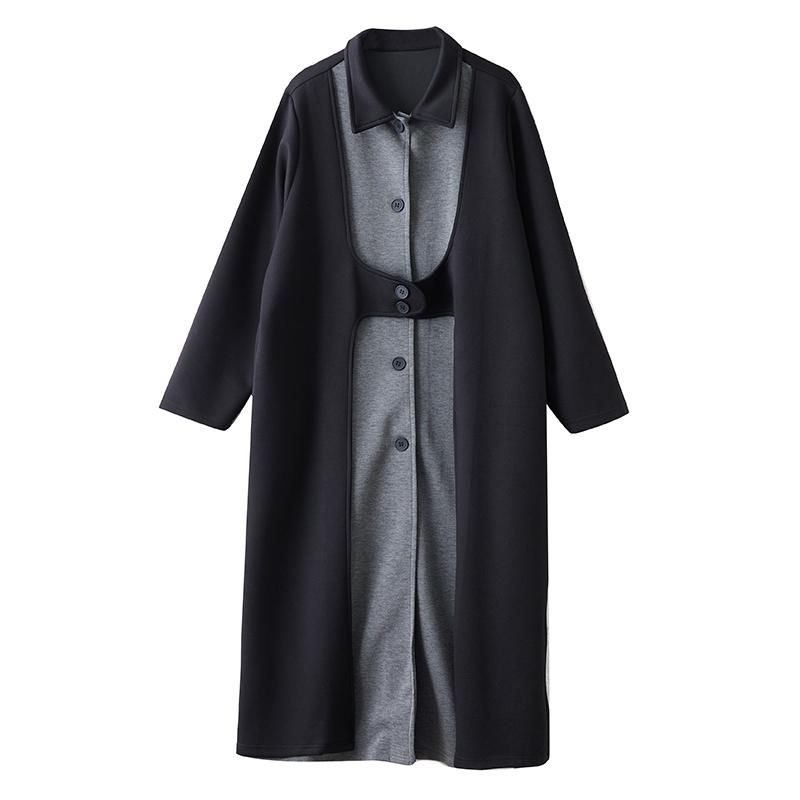 Long Sleeve Oversized Cotton Vintage Black Patchwork Casual Loose Autumn Spring Winter Trench Coat for Women Outerwear