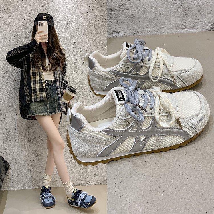 Double color ribbon~ leather inner height increase German training shoes women's 2025 summer thin mesh super soft ballet sports and leisure shoes