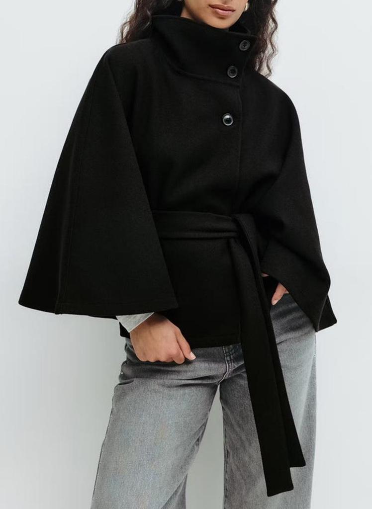 Damen Übergroßer Wollmischungs-Umhangmantel Mit Gürtel Stehkragen 3-Knopf-Verschluss Lockerer Schnitt Winter-Oberbekleidung