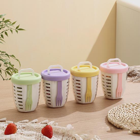 650ML Picnic Salad Box Fruit Cup with Fork Double-Layer Quick-Draining Leak-Proof Compact Sealed Food Storage Containers for Travel Picnic Camping