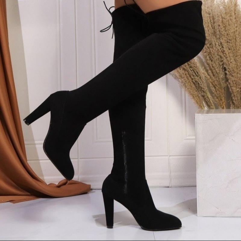 Fashion Luxury Designer Side Zipper Over The Knee Boots Sexy Pointed Toe Suede Super High Heel Riding Boots Solid Black Shoes Women