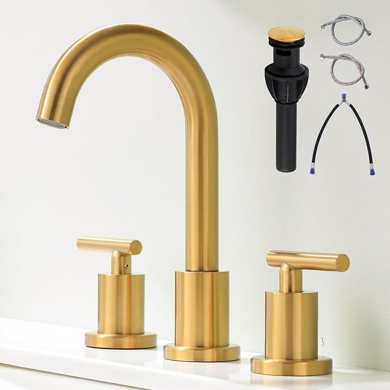 Brushed Gold Bathroom Faucet for Sink 3 Hole, 8 inch Widespread Bathroom Faucet | Brass Gold Vanity Faucet with 360° Swivel Spout 2 Handle Gold