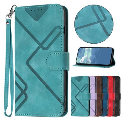 For iPhone 17 Pro Max Wallet Case Line Imprinted PU Leather Phone Cover with Strap