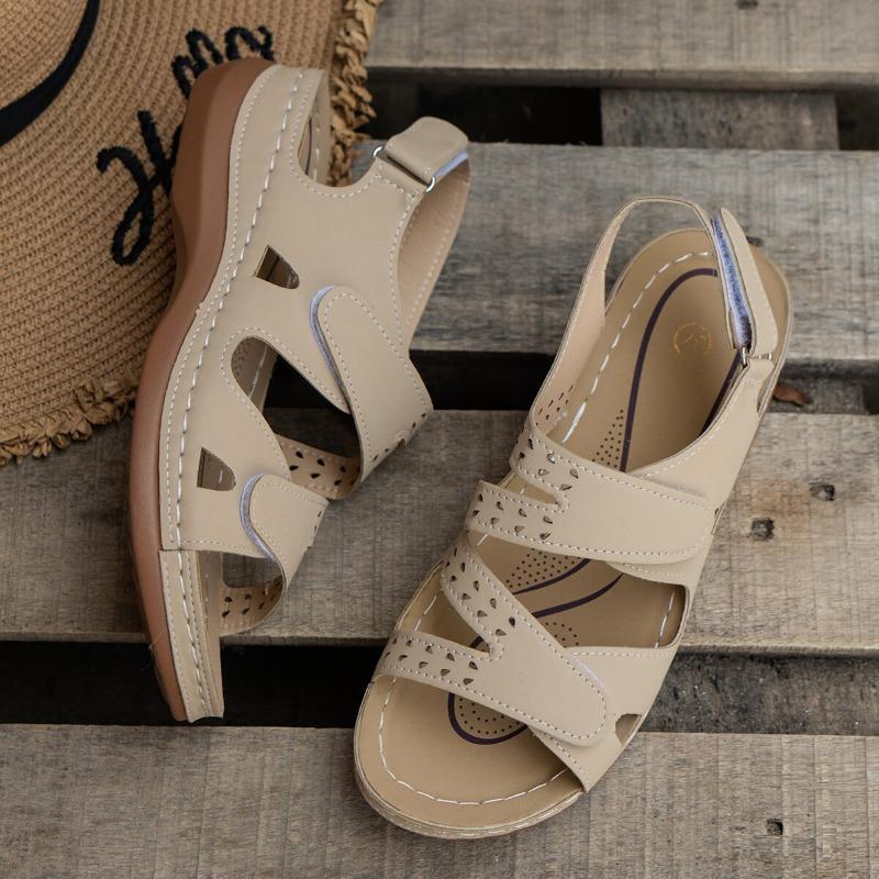 Summer New Sandals Thick Bottom Hollow Slope Heel Velcro Solid Color Breathable Open Toe