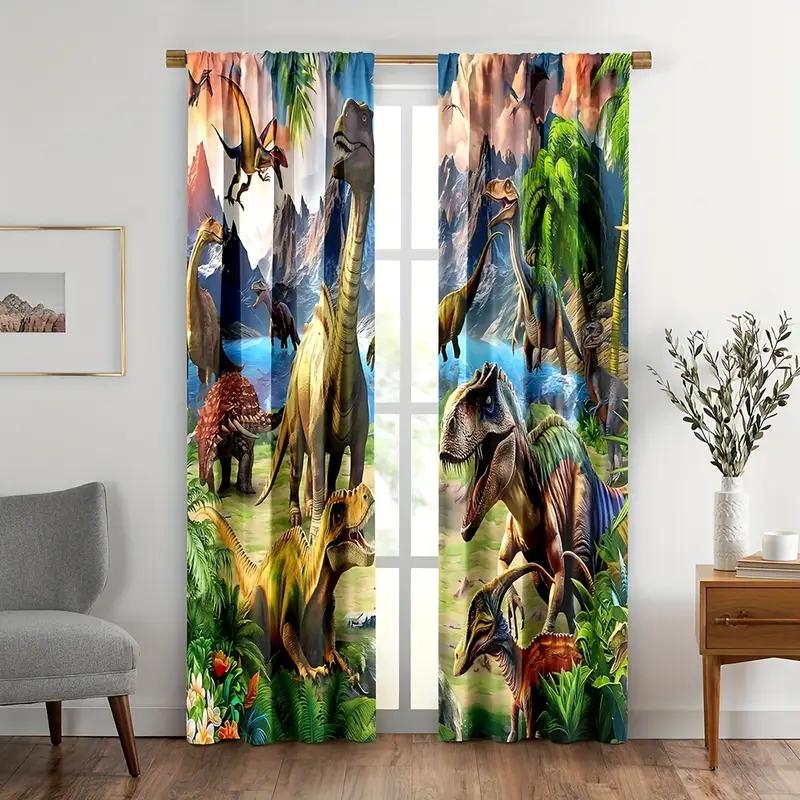 2pcs Vibrant Dinosaur Jungle Printed Curtains, Designed for Light Filtering, Quality Material, Ideal for Dinosaur Enthusiast Hom