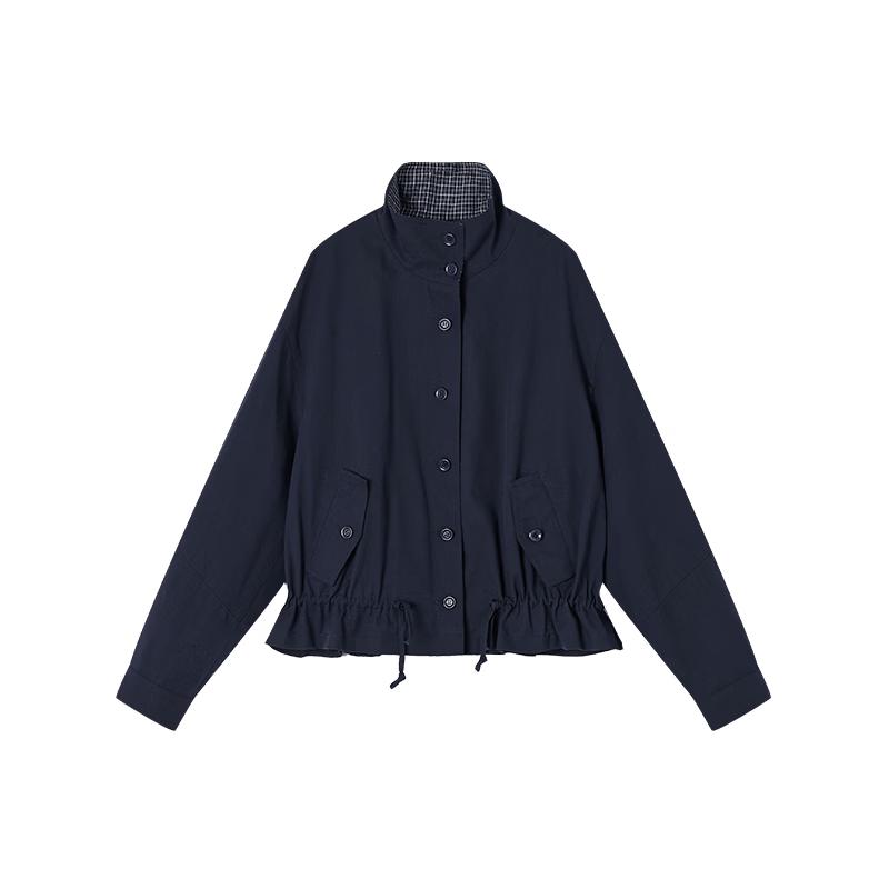 Women s Navy Stand-Collar Drawstring Waist Short Jacket L