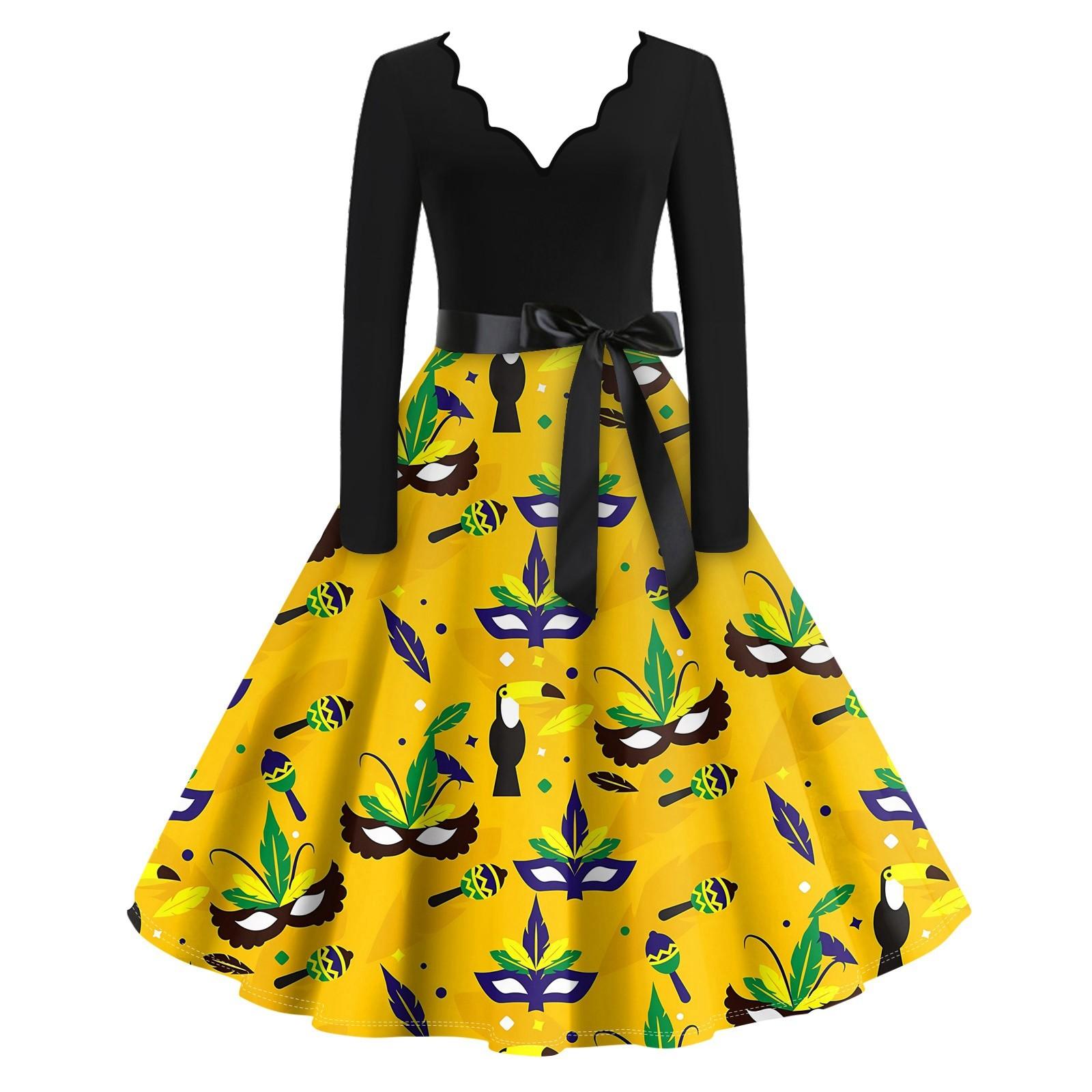 

Женское повседневное модное платье с V-образным вырезом и длинным рукавом с принтом в винтажном стиле XL жёлтый