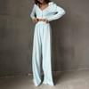 Causal Solid V Neck T-shirt Pants Suit Long Sleeve Crop Top Elastic Waist Wide Leg Pant Sets Spring Homewear Outfit