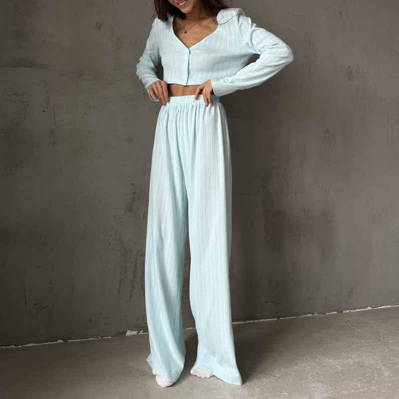 Causal Solid V Neck T-shirt Pants Suit Long Sleeve Crop Top Elastic Waist Wide Leg Pant Sets Spring Homewear Outfit