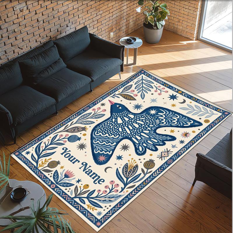 Birds Theme Crystal Velvet Floor Rug Personalized Custom Name Text Warm Carpet Home Decoration