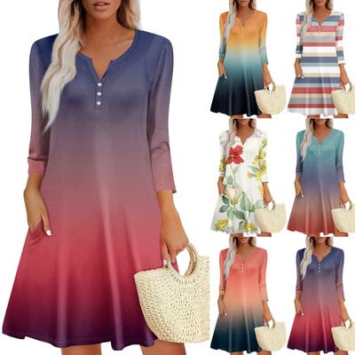 Women's Summer Dress Loose V Neck Three-quarter Sleeve Sundress With Pockets Dress