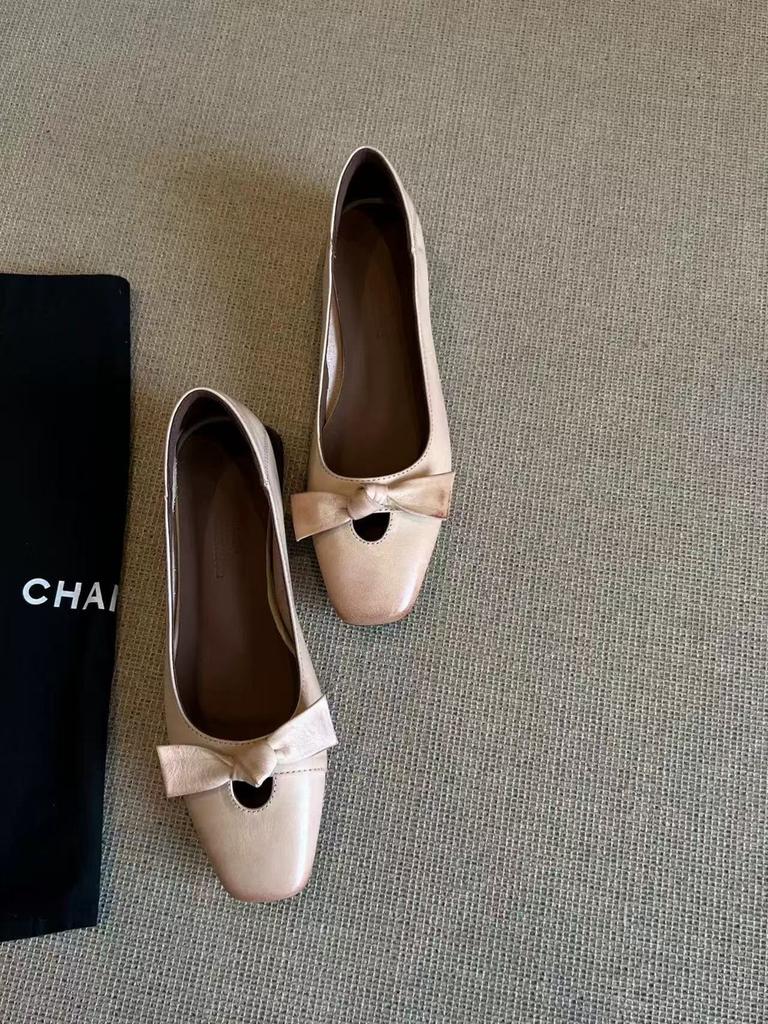Sheepskin version~ retro apricot versatile flat-bottomed square-headed single shoes, women's one-pedal light-mouth bow ballet shoes
