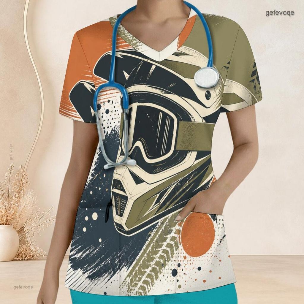 Women Plus Size V Neck Short Sleeve Scrub Top Minimalist Golden Line Intertwined Heart Print Nurse Uniform Top