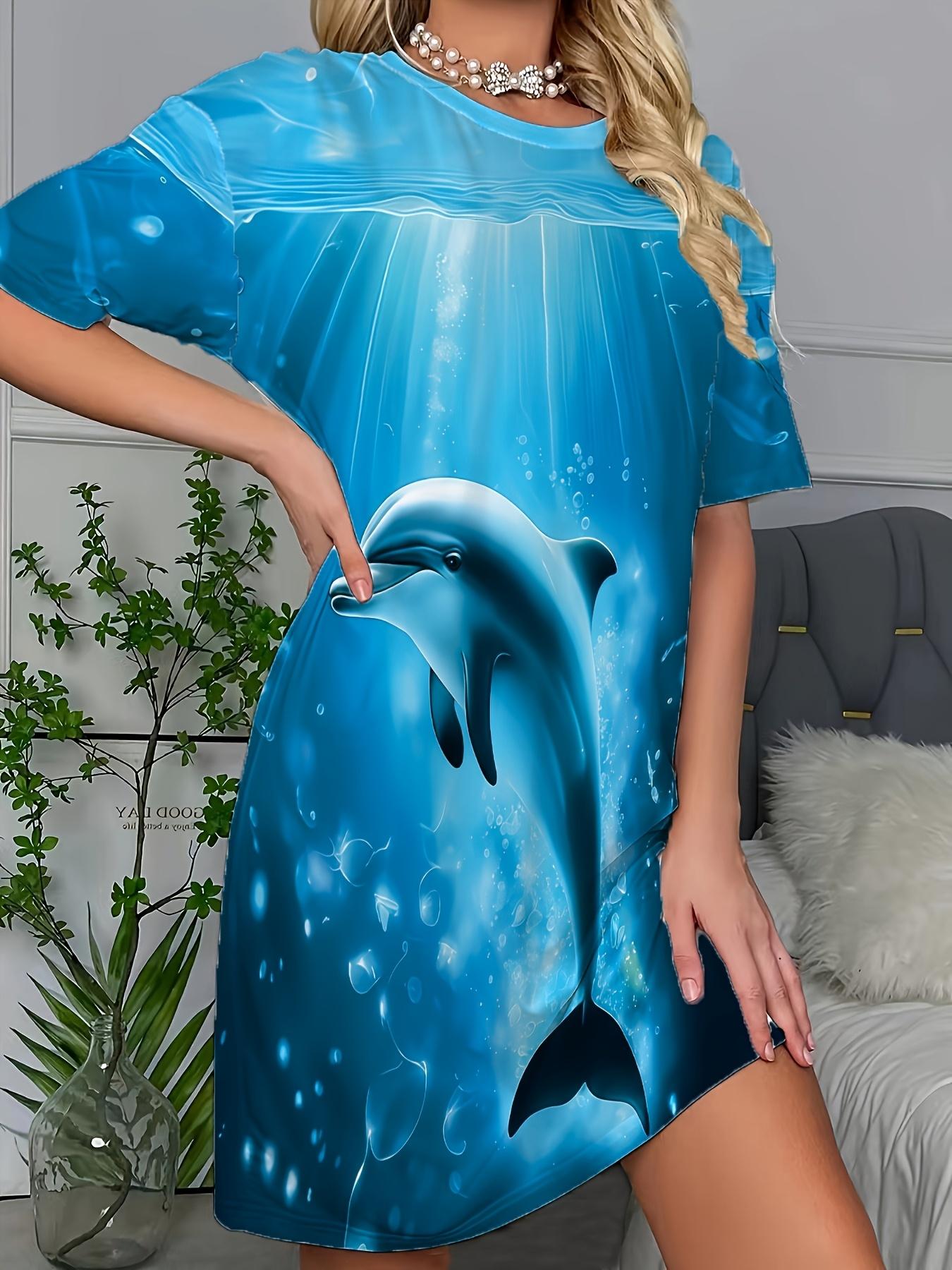 Women s Cute Dolphin Print Round Neck Short Sleeve Dress M дубильная кора