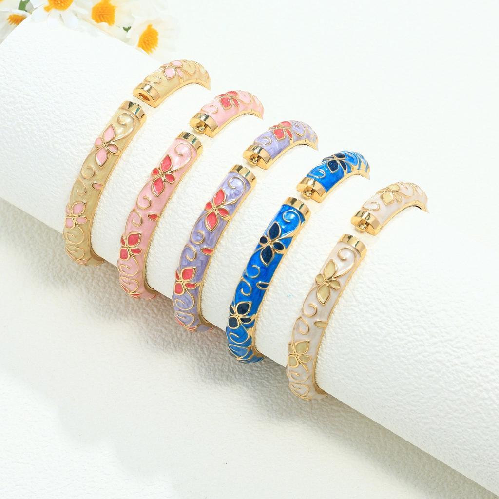Vintage Palace Fresh Colorful Oil Drop Clover Five-Petal Flower Open Bangle Stackable Bracelet Jewelry for Women
