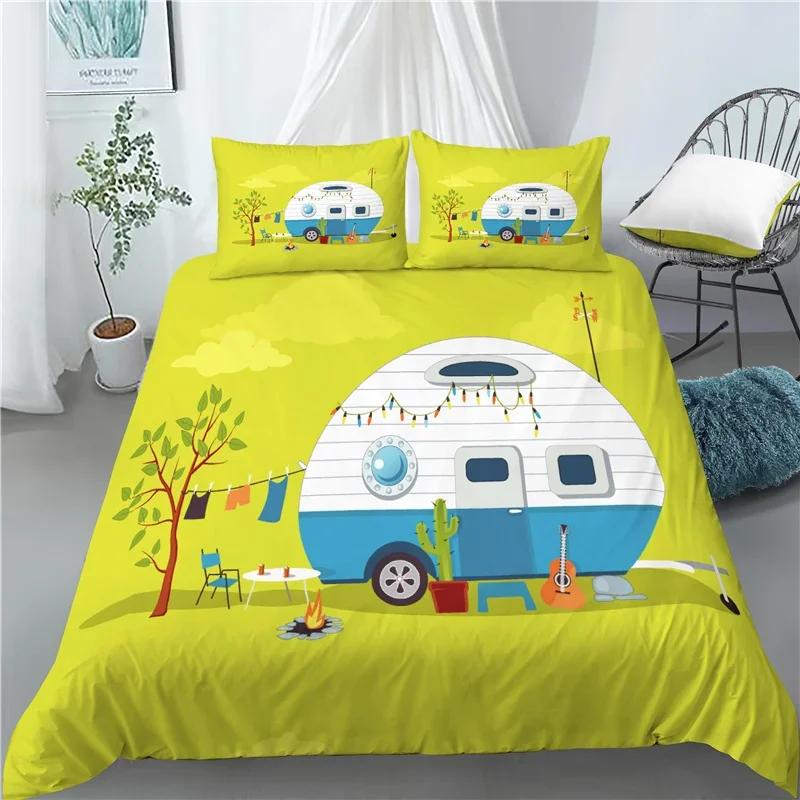 Happy Camping Bettbezug Queen Cartoon Caravan Camping Bettwäsche Set Bauernhaus Stil 3D Camper Bettbezug mit Kissenbezügen