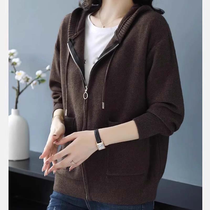 Cárdigan de Punto de Lana con Capucha de Color Sólido Otoño Mujeres Suéter de Manga Larga Holgado Cremallera Prendas de Punto Abrigo