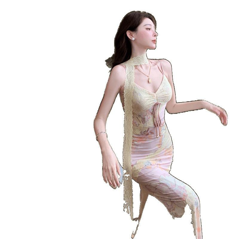 French Romantic Vacation Printed Suspender Dress Women's Neck Super Fairy Lace Splicing Floral Dress