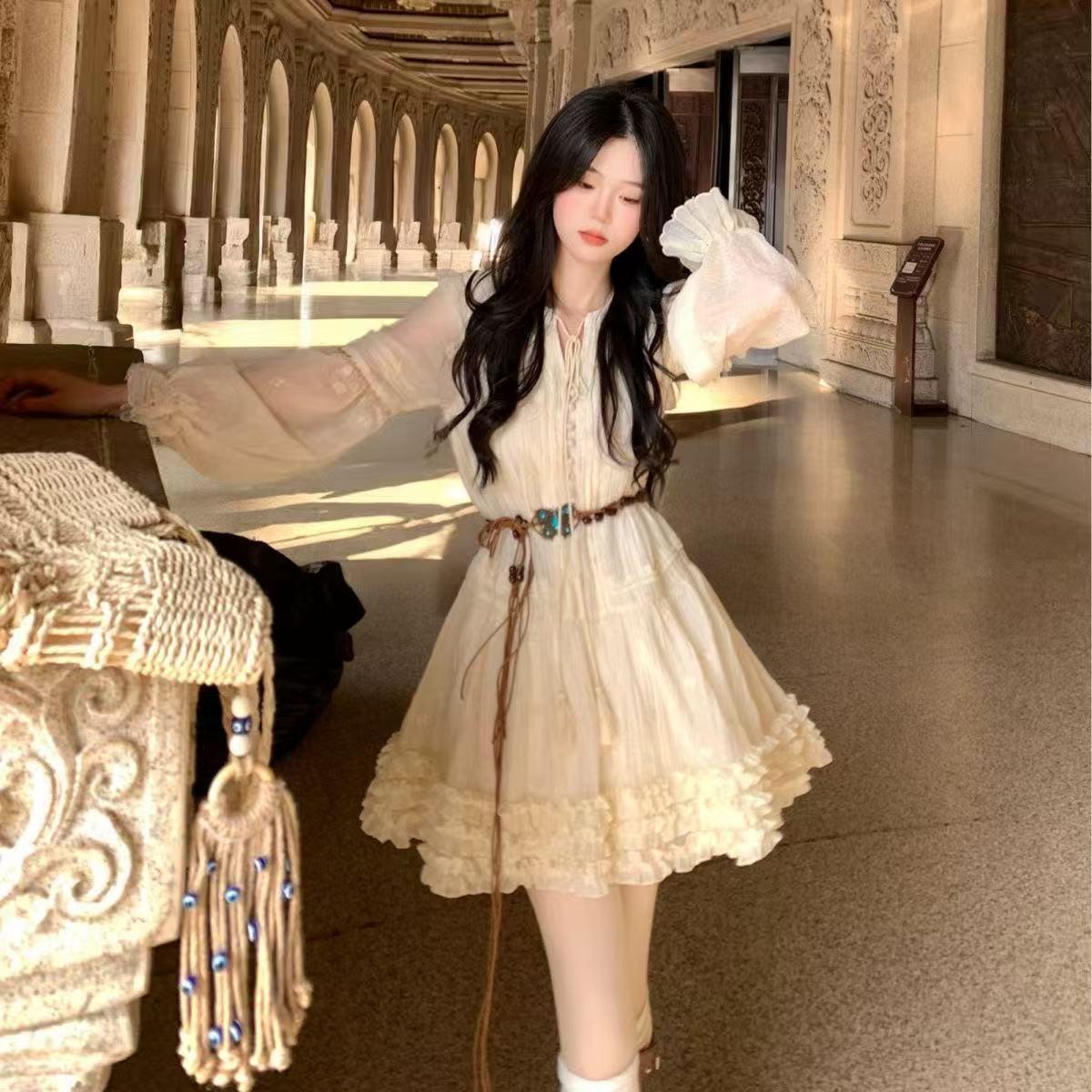 Spring Lace Patchwork Lantern Sleeve Tie-up A-line Dress M