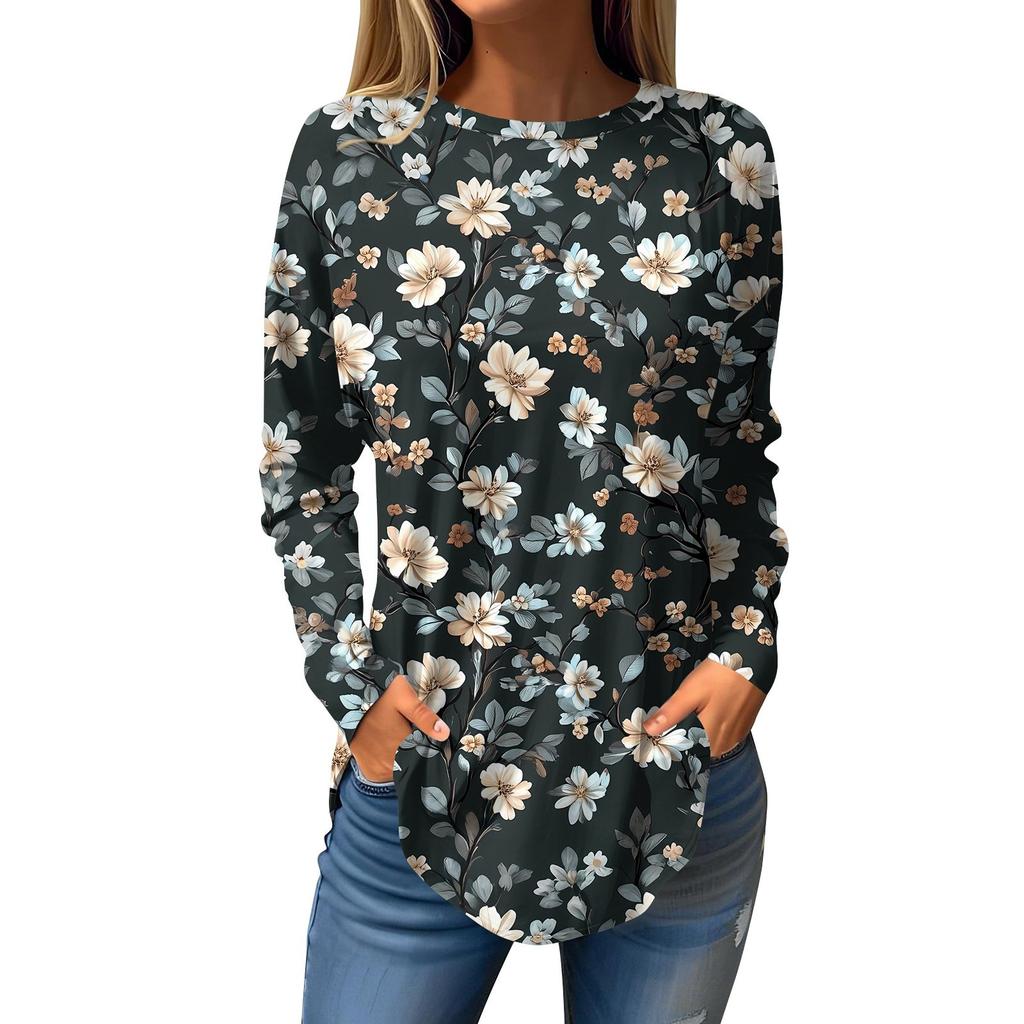 Women's Loose Round Neck Print Long Sleeve T-Shirt Top Pullover