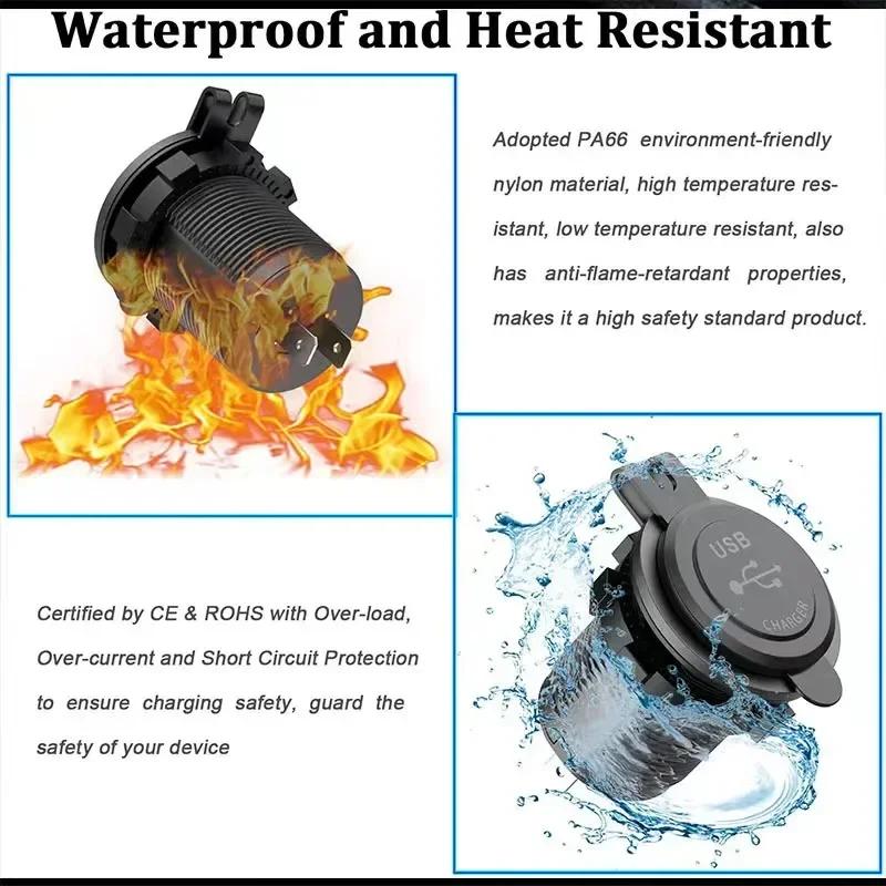 60W Dual QC 3.0 Dual USB Fast Car Charger Socket 12V/24V Waterproof with Switch Auto Car Quckly Charging Adapter Power Outlet