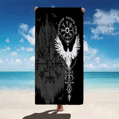 1 Stück Wikinger Rabe Vegvisir Rune Strandtuch, Schnelltrocknendes Leichtes Polyestertuch, Weiches Saugfähiges Nordisches Themenhandtuch zum Schwimmen