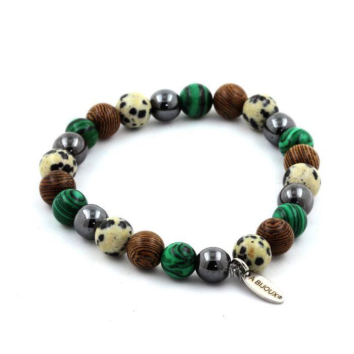 Pierres et Minéraux. Bracelet Perles Hématite + Malachite + Jaspe Dalmatien + bois 8 mm. Fabriqué en France.
