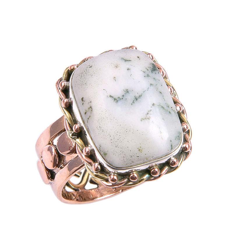 Natural Green Dendrite Opal Gemstone Two Tone 925 Sterling Silver Ring S.8 J2G73