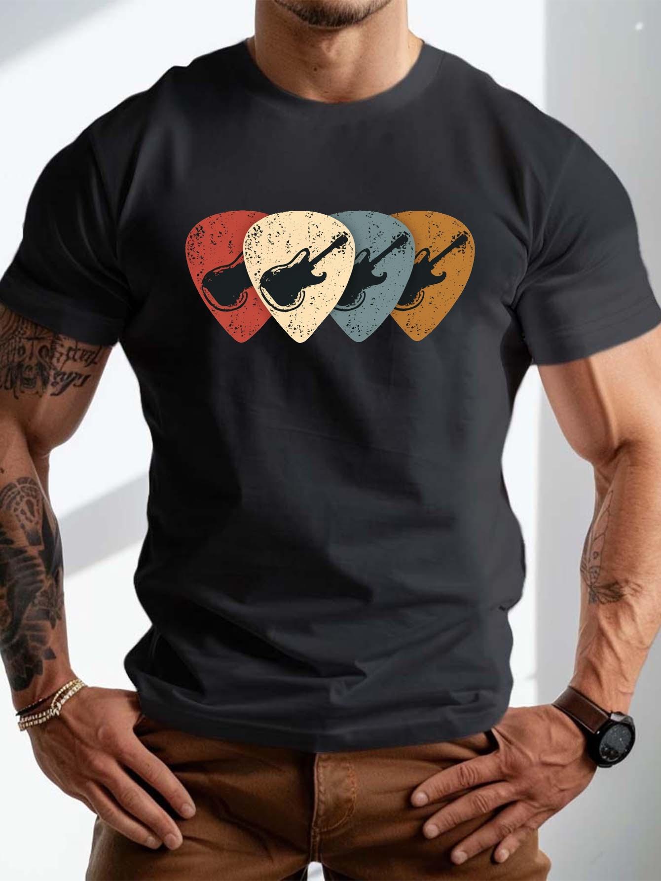 Mens plussize casual Tshirt printed with guitar pick pattern 100 polyester fiber slightly elastic knitted fabric S