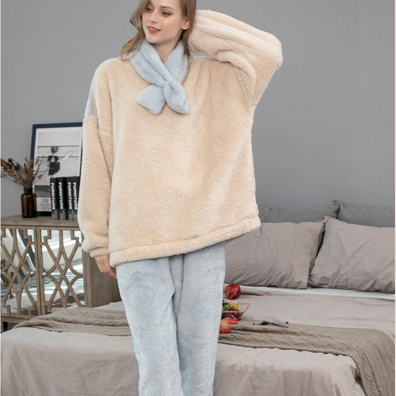 Thicken Coral Fleece Pajamas Set Women Winter Warm Vintage Casual Kawaii Sweet Girl Suit Homewear Plus Size Two-piece Suit Chic