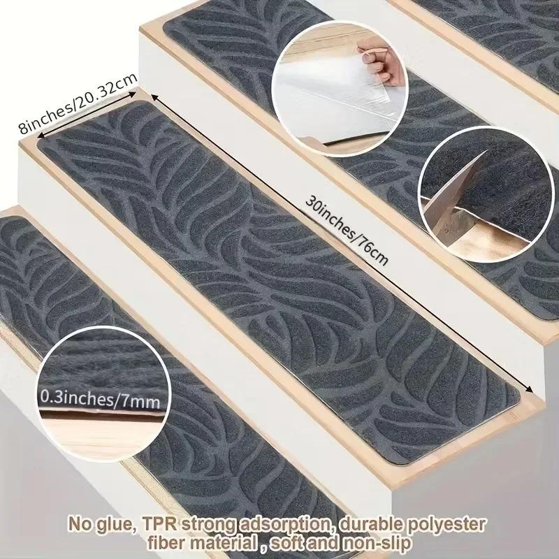 Self-Adhesive Non-Slip Stair Treads Removable Gray Step Mat Washable Fabric Safety Pad with Non-Slip Backing for Wooden Stairs