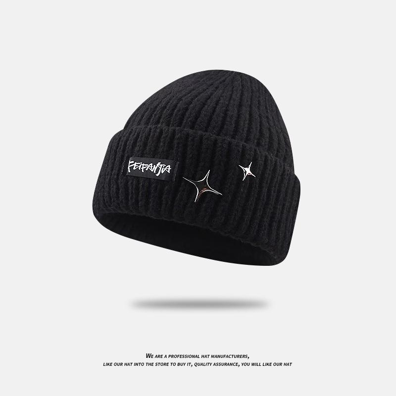 Letter Patch Knitted Hat for Women All Match Fashion Large Head Circumference Woolen Hat Winter Warm Ear Protection Star Pullover Cold Hat