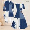 Women Plus Size Two Piece Set Square Neck Short Sleeve Tie Waist Printed Flared Dress 3 4 Sleeve Open Cardigan Blue White