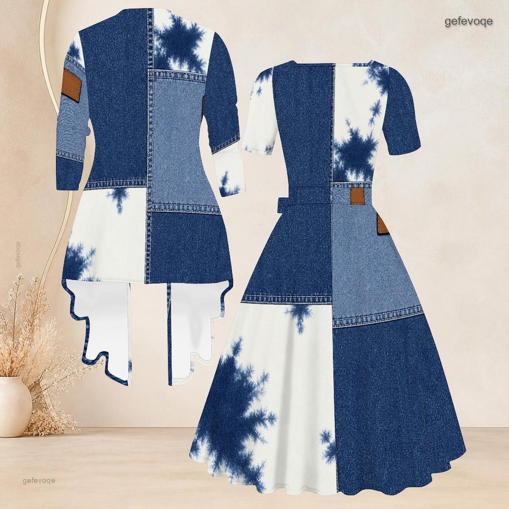 Women Plus Size Two Piece Set Square Neck Short Sleeve Tie Waist Printed Flared Dress 3 4 Sleeve Open Cardigan Blue White