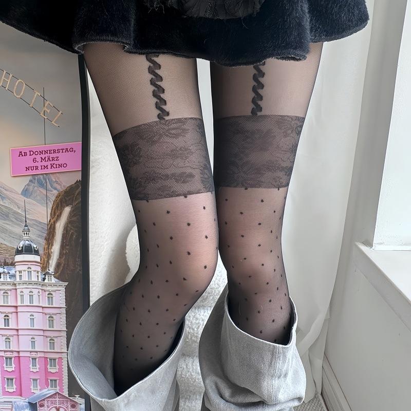 Milk white polka dot stockings thigh lace stitching jacquard fake suspenders jk lolita black sexy pantyhose women