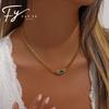 2025 Trendy Stainless Steel Green & Red Cat's Eye Clavicle Chain Necklace for Women