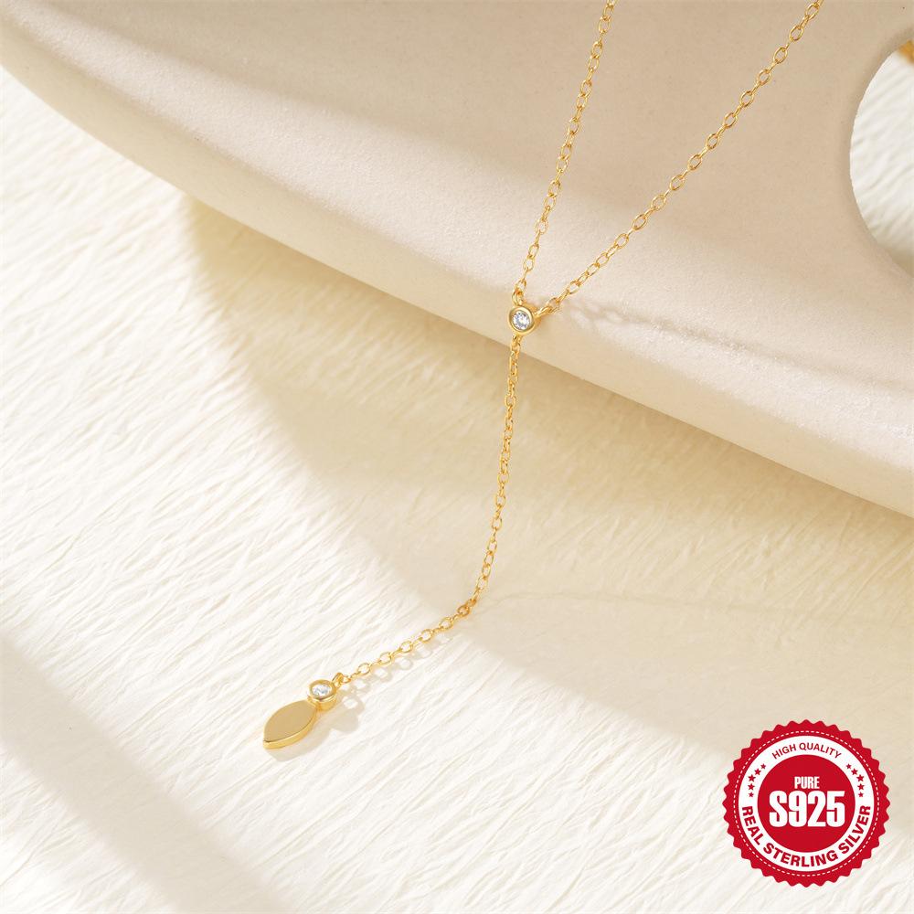 Stylish And Simple S925 Sterling Silver Daily With Water Drop Diamond-Encrusted Women'S Collarbone Necklace Y-Shaped Chain