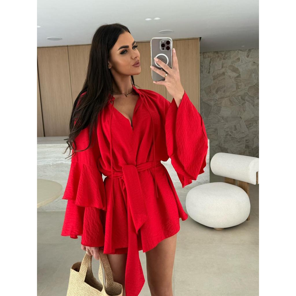 Spring Summer Ruffle Loose Mini Dress Casual Flare Sleeve Holiday Dresses Sexy Deep V Lace Up Solid Color Women's Dress Vestidos