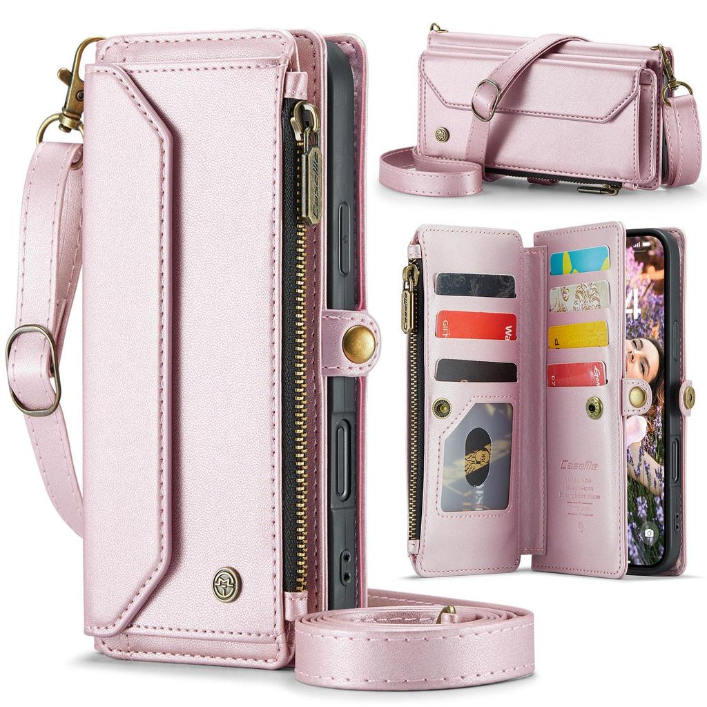 CaseMe (C36) Crossbody Wallet Case For iPhone 13 14 15 16 Pro Max Zipper Wrise Multi-functional Flip PU Leather Card Slots Holder Cover Protector