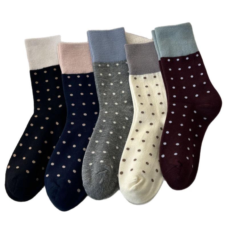 Mid-calf Socks for Women, Spring and Autumn Color-blocking Pile Socks, Retro Polka Dot School Style Cotton Socks for Women
