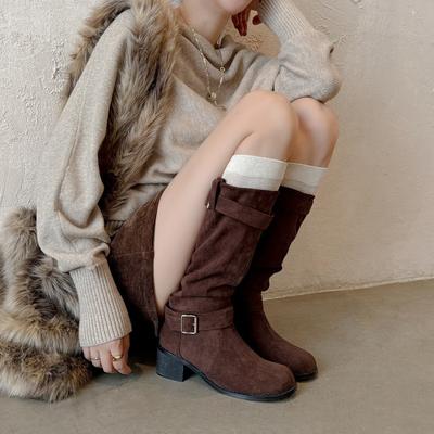 Retro Westernstiefel Damen neue Stiefel mit dickem Absatz zeigen schlankes Temperament zwei Tragemöglichkeiten Pile-Stiefel Ritterstiefel